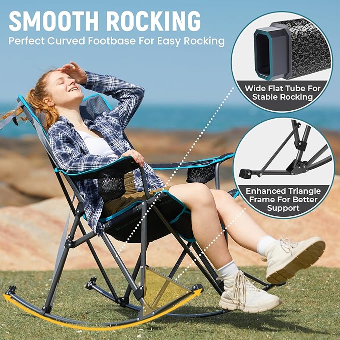 FUNDANGO Oversized Rocking Camping Chair for Adults, Portable Folding Lawn Chairs for Outside with Pillows, Wide Armrest, 2 Cup Holders, Carry Bag for Patio Garden Outdoor Supports 300Lbs (Black/Blue)