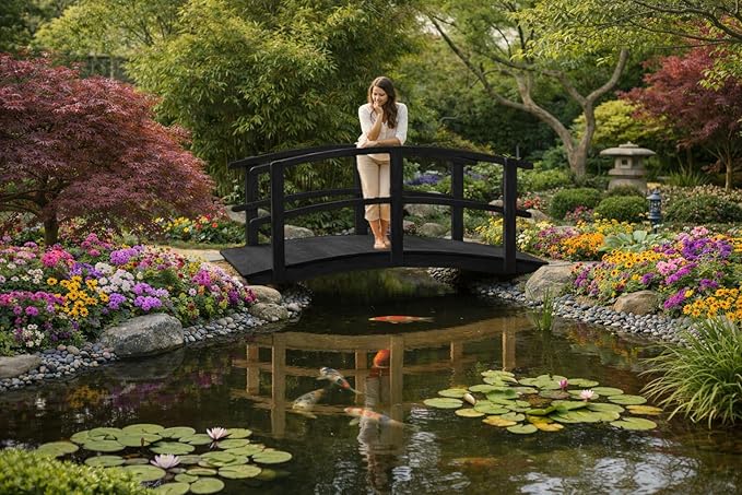 6 FT Black Amish Made Garden Bridge with Double Rails for Walkway, Backyard Pond & Landscaping, Outdoor Wooden Footbridge for Koi Pond, Japanese Style Decorative Bridge, Made in USA