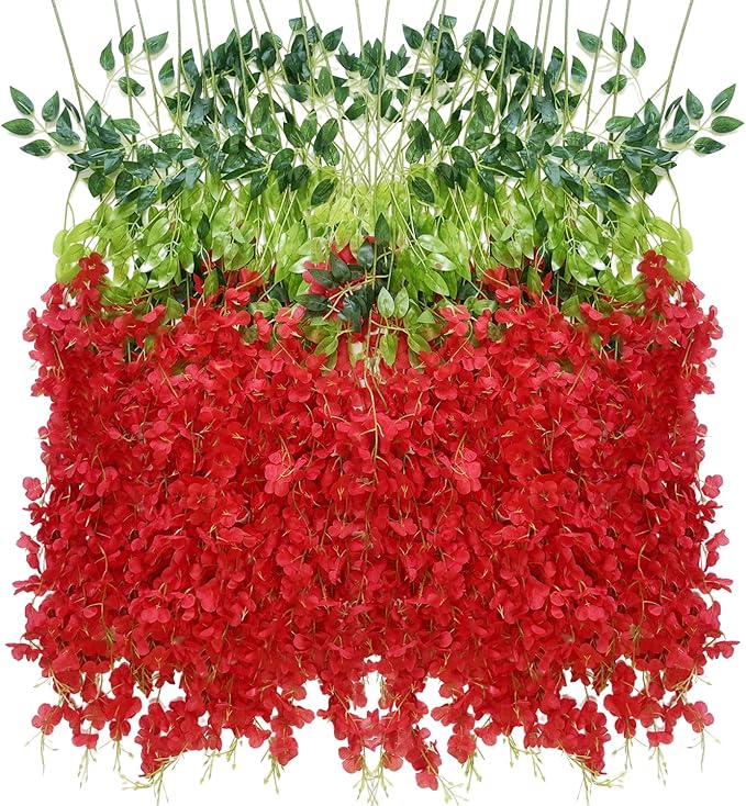 Artificial Wisteria Hanging Flowers Fake Wisteria Flower Garland Silk Vines Rattan Decor for Home Wedding Arch Wall Garden Greenery Bedroom Outdoor Office Party Decoration (36, Red)