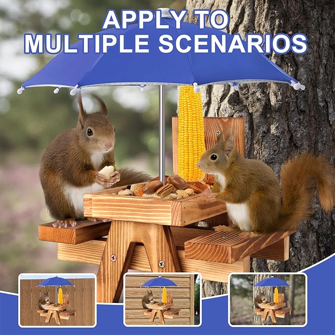 Gnodary Squirrel Feeder with Umbrella, Squirrel Feeders for Outside, Squirrel Picnic Table Feeder - Chipmunk Feeder Hold Corn, Corn Cob, Peanuts (Blue)
