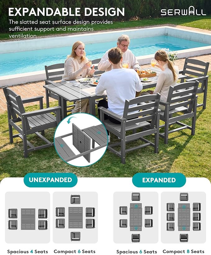 SERWALL 5-Piece Outdoor Table and Chairs, 60" - 83" Expandable Outdoor Dining Table with Aluminum Frame & HDPE Tabletop, All Weather HDPE Patio Furniture Set for Backyard, Garden, Grey