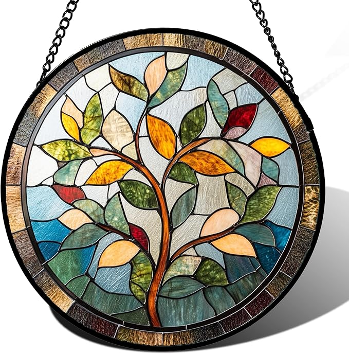 Stained Glass Window Hanging Colorful Tree of Life 6.3" - Plant Leaves Suncatcher Door Garden Sun Catcher Home Decor Birthday Christmas for Mom Men Woman Nana Friend