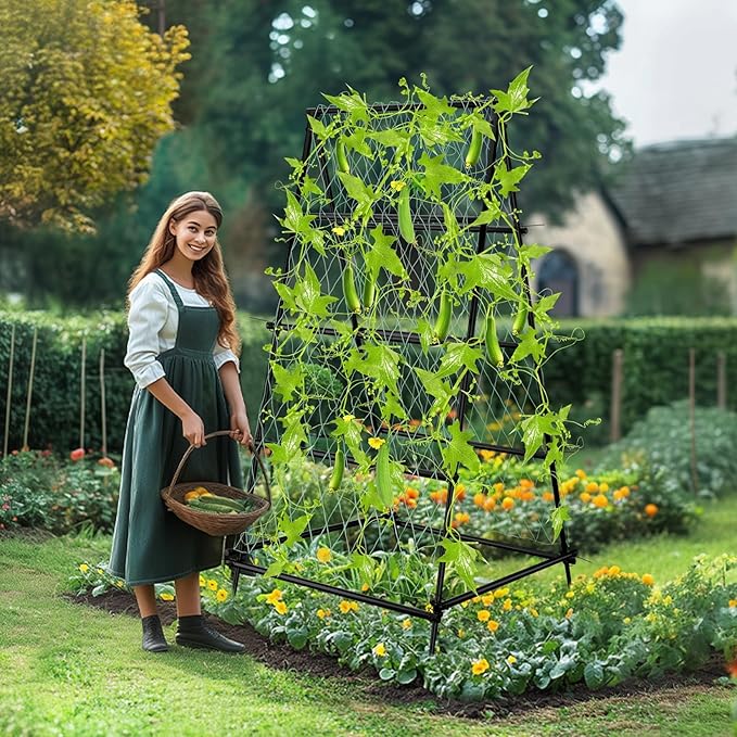 unho Garden Trellis for Climbing Plants with Tough Nylon Netting, 6ft Tall Sturdy Rustproof Metal Plant Support Tower for Vegetable Fruit Vine Cucumber Garden Lightweight，Outdoor