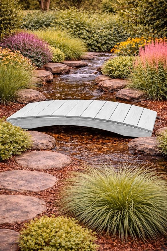 4 FT White Amish Made Pinewood Heavy Duty Garden Bridge for Walkway, Backyard Pond & Landscaping, Outdoor Wooden Footbridge for Koi Pond, Japanese Style Decorative Bridge, Made in USA