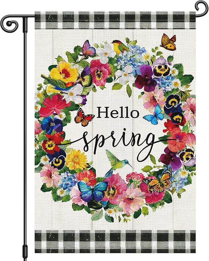Louise Maelys Hello Spring Garden Flag Pansy Flower Butterfly Double Sided 12x18 Inch Floral Plaid Seasonal Welcome Small Burlap Holiday Yard Sign Outdoor Outside Home Decor