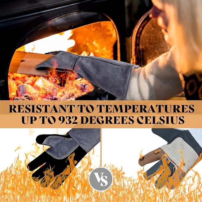 Leather Welding Gloves, 16inch 932℉ Heat/Fire Resistant, Wood Stove Gloves, Large Mitts for BBQ,Grill,Tig/Mig (Grey, M)