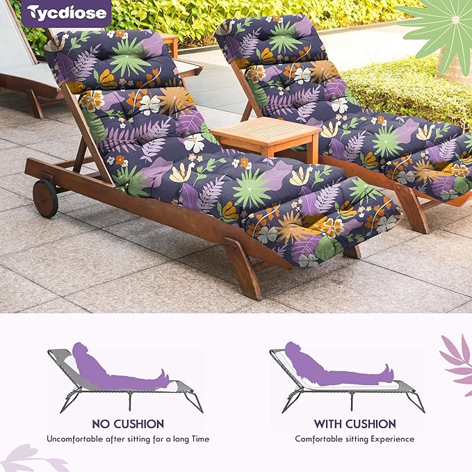 Outdoor Chaise Lounge Chair Cushion Waterproof 74.4 x 22 x 4.7 Inches Thickened Memory Foam Patio Lounge Chair Cushions Replacement for Outdoor Furniture with Ties, Purple Floral Leaf