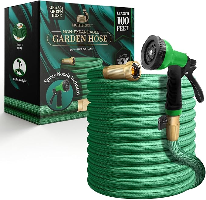 Garden Hose, NON-EXPANDABLE Garden Hose, Super Light Weight Hose, No Burst, 3/4 inch Solid Brass Connectors, 100 Ft, Grassy Green