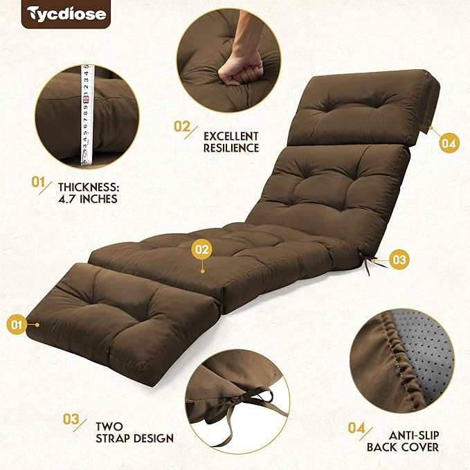 Waterproof Outdoor Chaise Lounge Chair Cushion 74.4 x 22 x 4.7 Inches Memory Foam Lounge Chair Cushions for Outdoor Furniture with Ties, Thickened Pool Chaise Lounge Chair Cushions, Brown