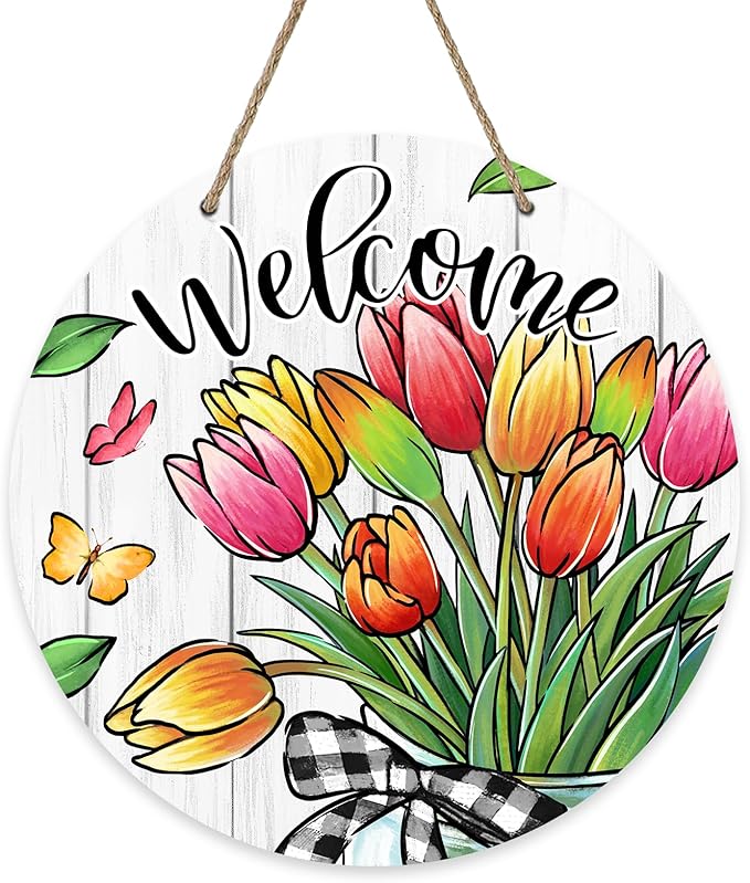 Welcome Spring Summer Tulip Flowers Front Door Sign, Floral Butterfly Mason Jar Wood Door Hanger Outdoor Outside Porch Decor, Seasonal Farmhouse Wooden Wreath Indoor Wall Hanging Decoration