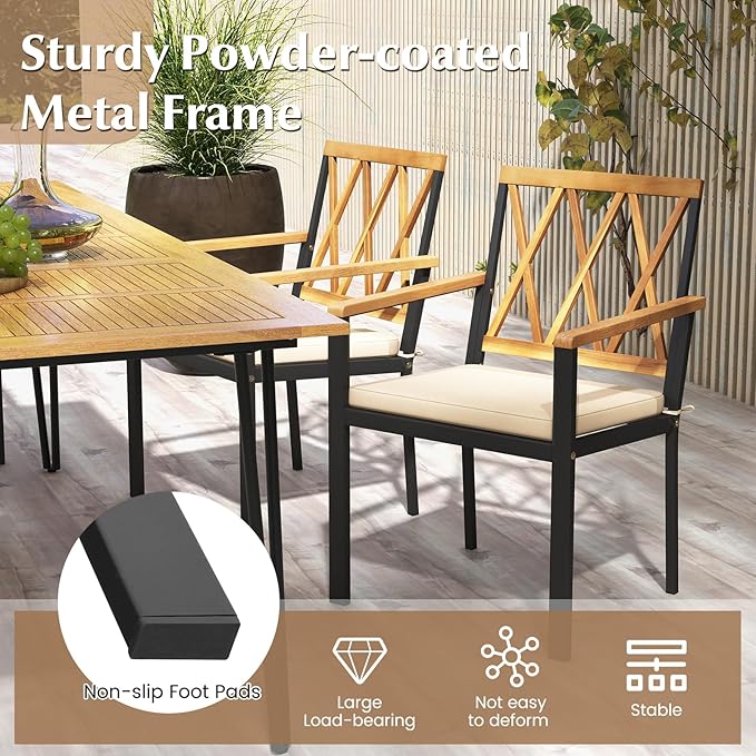 Tangkula 5 Piece Wood Outdoor Dining Set for 4, Rectangular Patio Acacia Wood Table Set with 4 Cushioned Chairs, Umbrella Hole, Heavy Duty Metal Frame for Deck Porch Backyard