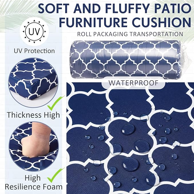4 Pack Outdoor High Back Chair Cushion, 44 x 20 inches Patio Chair Cushions Waterproof Rocking Cushions Indoor Furniture Seat Pad, Weather Resistant (Moroccan,Blue)