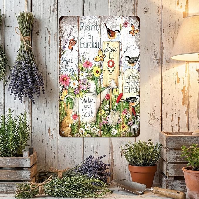Plant a Garden Rustic Metal Tin Sign 8x12 Inch, Vintage Farm Garden Wall Decor with Birds, Flowers & Butterflies, “Water Your Soul, Listen to the Birds” Outdoor Yard Fence Plaque for Patio, Garage