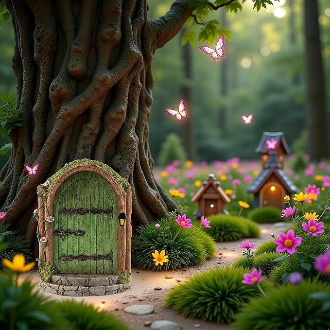 Green Fairy Door, Wooden Miniature Fairy Garden Doors Outdoor Mini Fairy Gnome House Accessories for Tree Trunk Ornaments Garden Miniatures, Fairy Doors for Trees Outdoor, Gnome Door for Tree Trunk