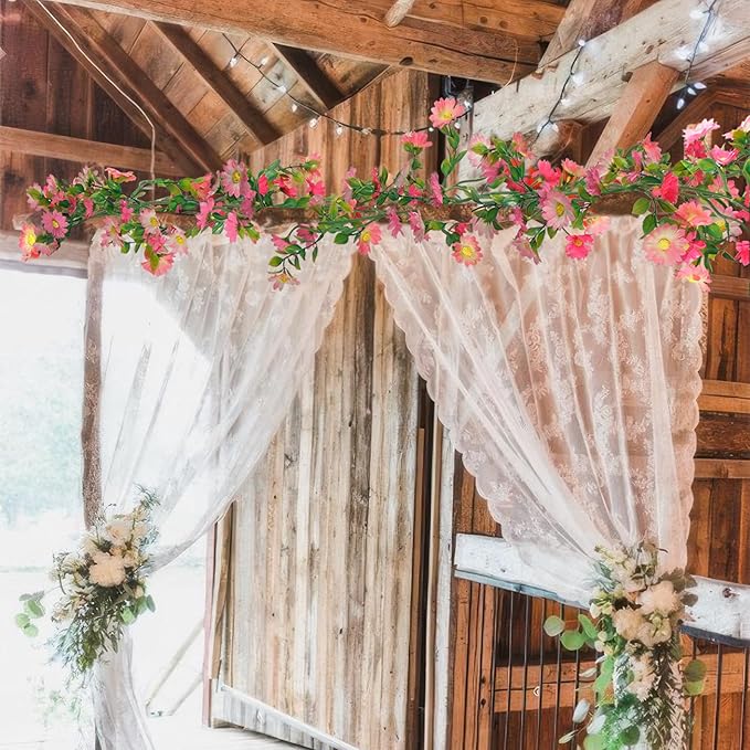 CISDUEO 4 Pcs Artificial Daisy Flowers Vine Silk Flower Garland Spring Fake Flower Vine Hanging Ivy with Pink Daisy Flowers Green Leaves for Wall Party Wedding Arch Floral Decor Home Indoor Outdoor