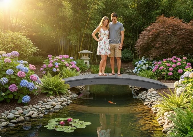 8 FT Grey Amish Made Pinewood Heavy Duty Garden Bridge for Walkway, Backyard Pond & Landscaping, Outdoor Wooden Footbridge for Koi Pond, Japanese Style Decorative Bridge, Made in USA