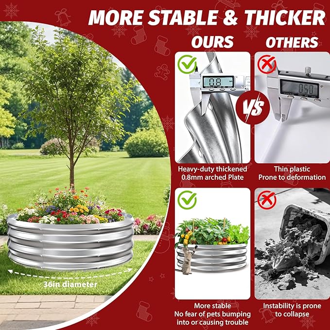 12 Inch Tall Heavy-Duty Round Steel Rised Garden Bed – Wave-Shaped Design Galvanized Metal Planter Box for Vegetables Flowers Succulent at Patio/Garden Outdoor (Silver, 36" Diameter)