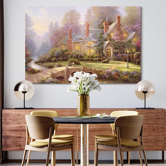 STUDIO HAVEN Thomas Kinkade Canvas Wall Art, Riverfront Manor Stone Bridge Grand Cottage Lush Garden and Misty Stream Oil Painting Poster Rustic Wall Decor, Framed Prints for Home Decor, 24x16Inch