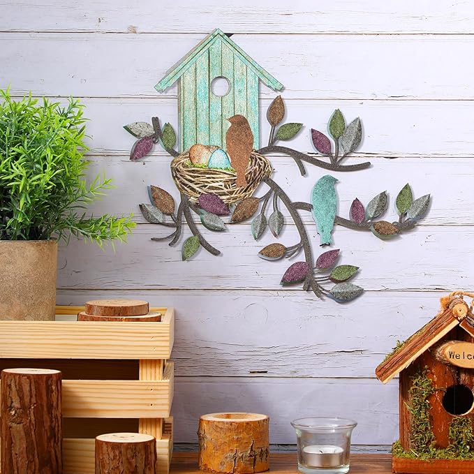 Peryiter Birds Wall Metal Decor for Outdoor Art Hanging Metal Tree with Birdhouse for Living Room Tree Leaf Wall Decor for Indoor Outdoor Garden(Brown, Light Blue)