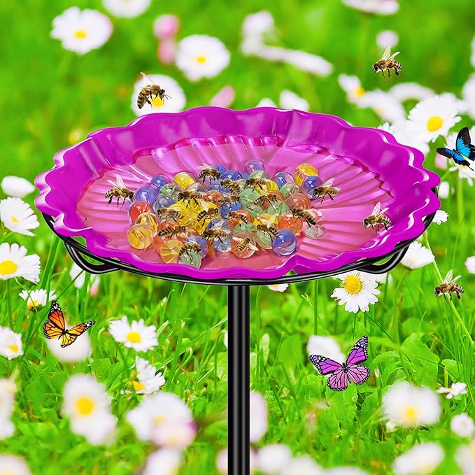 Bee Butterflies Watering Station, Standing Bee Feeder with Glass Marbles for Outside, Bee Bath Feeder with Metal Stakes Butterfly Puddler Garden Yard Déco (Rose)