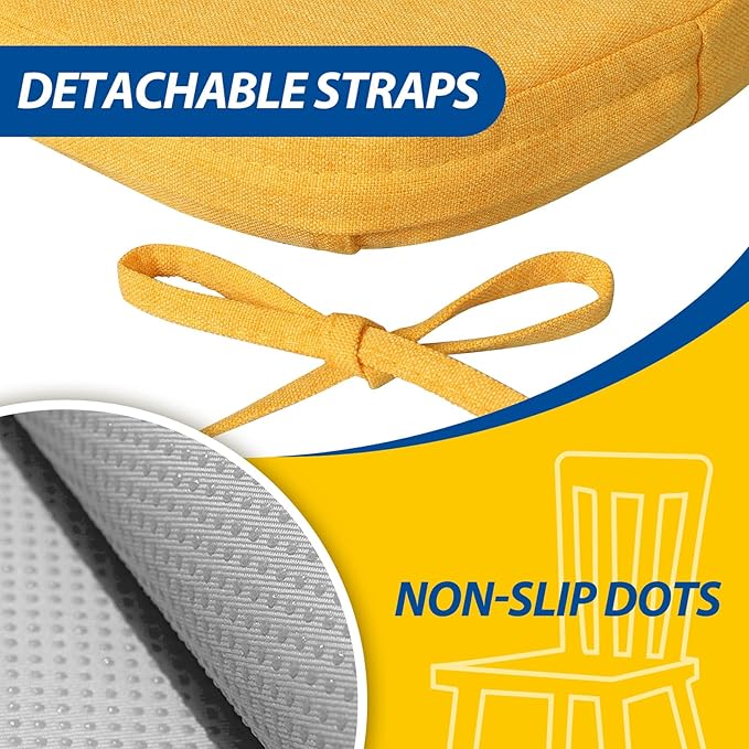 AAAAAcessories D-Shaped Chair Cushions, 2" Thick Dining Chair Pads with Ties and Removable, Machine-Washable Cover, 17" x 16", Set of 8, Golden Yellow