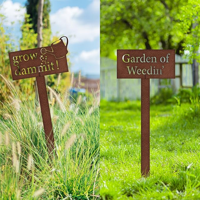 Shimeyao 2 Pcs Christmas Rustic Grow Dammit Garden Sign and Garden of Weedin' Sign Stake Funny Gardening Gifts Outdoor Metal Vegetable Gardening Decor for Men Women Mom Dad Gardener, 18.5" H
