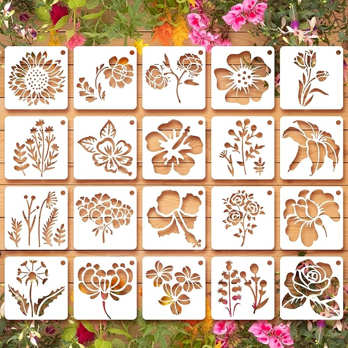 20 Pcs 2.95 Inch Flower Stencils for Crafts, Rock Painting, Home Decor