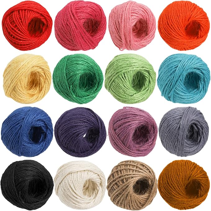 ZEAYEA 16 Rolls Colored Jute Twine, 1312 Feet 16 Colors Jute String, 2mm 3 Ply Craft String for Artworks, DIY Crafts, Decoration, Bundling