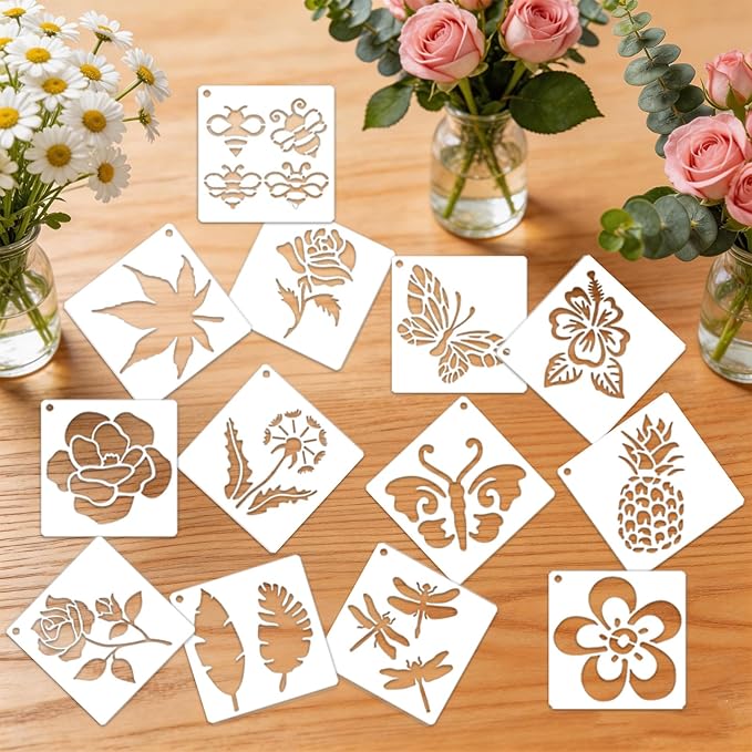 50 Pcs Large Flower Stencils for Painting, 3.94 X 3.94 Inch Flower Stencils for Crafts Reusable, Wood and Wall Stencils for Painting Large Pattern, DIY Templates Holiday Wall Paper (J)