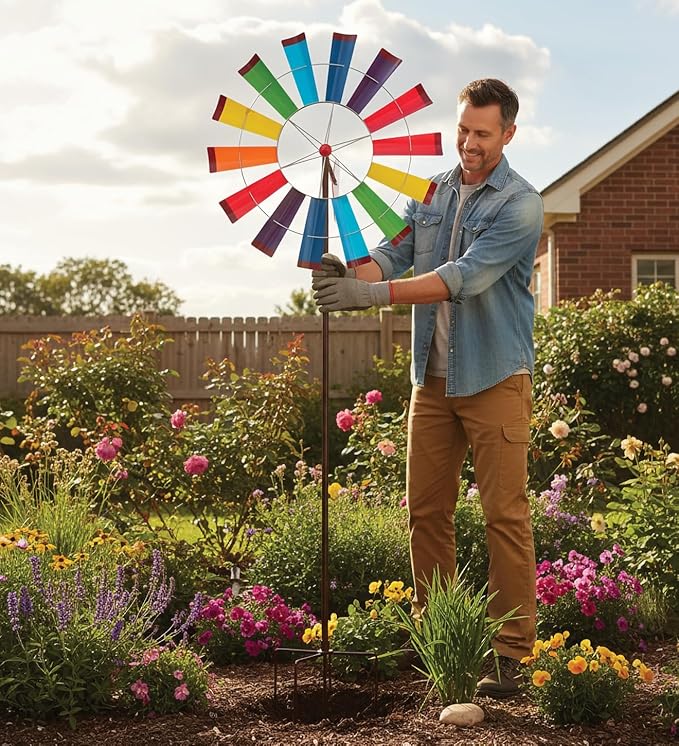 Regal Art & Gift Rainbow Wind Spinner – Metal Yard Decorations Outdoor | Kinetic Garden Spinner for Lawn, Pathway, or Flower Bed | Weather-Resistant Outdoor Sculpture - 77 Inch