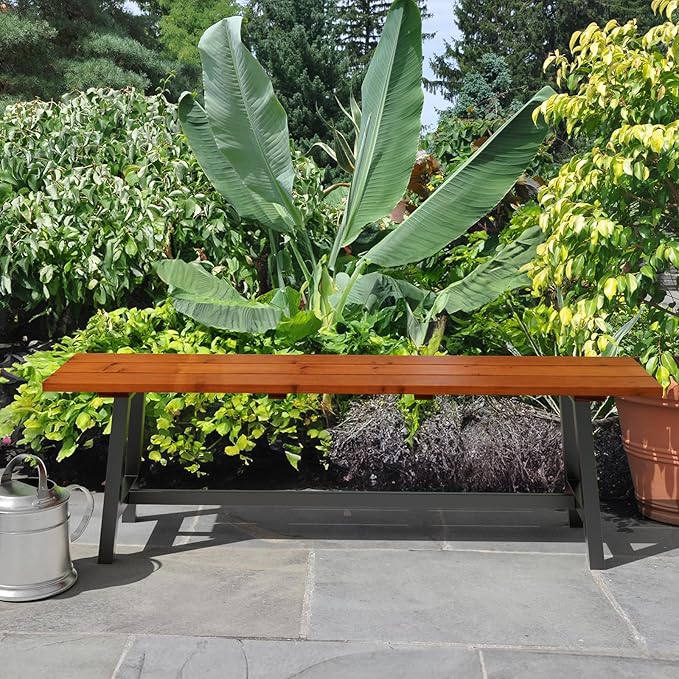 VINGLI Outdoor Wooden Bench, 45” 2-Person Backless Dining Bench, Weatherproof Outdoor Patio Bench for Porch Entryway Garden (1, Brown ＆ Black)