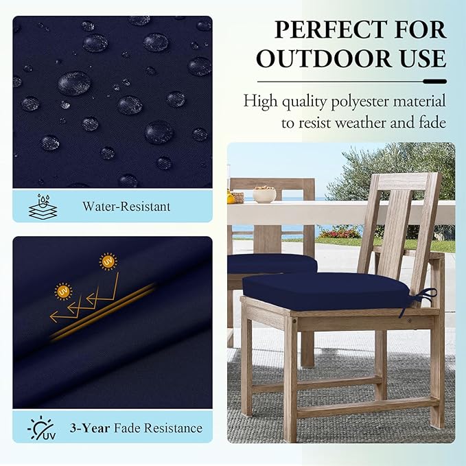 Wellsin Outdoor Chair Cushions for Patio Furniture, 3-Year Color Fastness Patio Chair Cushions Set of 2, Water Resistant Round Corner Outdoor Seat Cushions 17"X16"X2", Navy