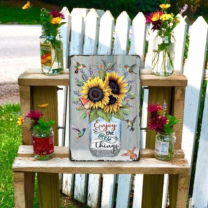 Sunflower Metal Tin Signs Hummingbird Metal Wall Decor Enjoy The Little Things Tin Sign Metal Art For Kitchen Hummingbirds Decor For Bathroom Vintage Sunflowers Tin Sign Wall Decor Gift 8x12 Inch
