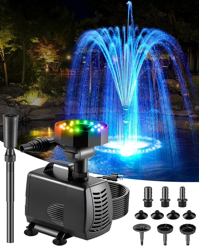 Submersible Pump RGB Pond Filter System Kits,3-in-1 Pond Filter Fountain with Colorful Lights,660GPH Pond Filter Box,Multi-layer Filtration, Applicable to Garden Pond,Fish Tank,Water Feature