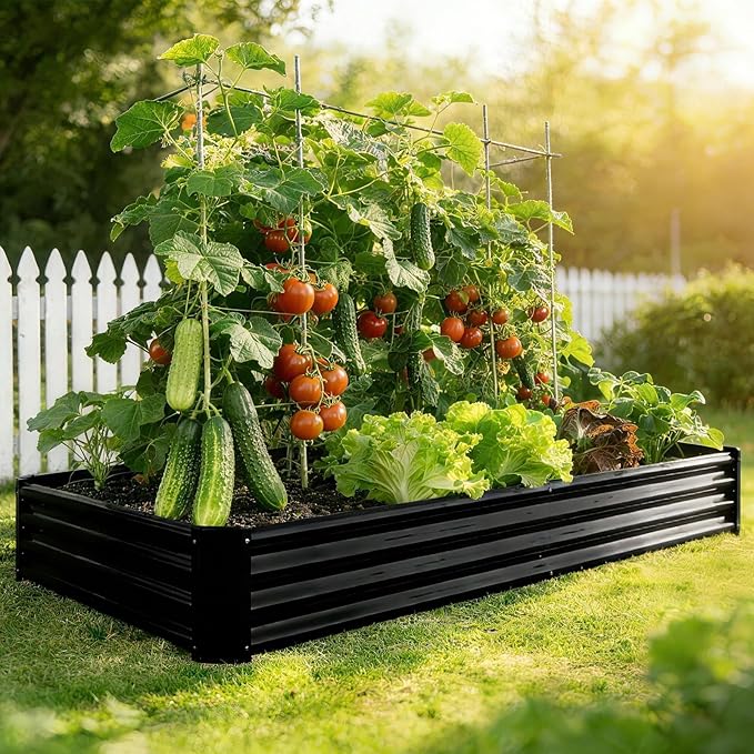 Metal Galvanized Raised Garden Bed Kit, 8 x 4 x 1 ft Galvanized Steel Raised Garden Planter Box Outdoor with Open Base for Growing Vegetables/Flowers/Herbs/Fruits/Succulents, Rectangle, Black
