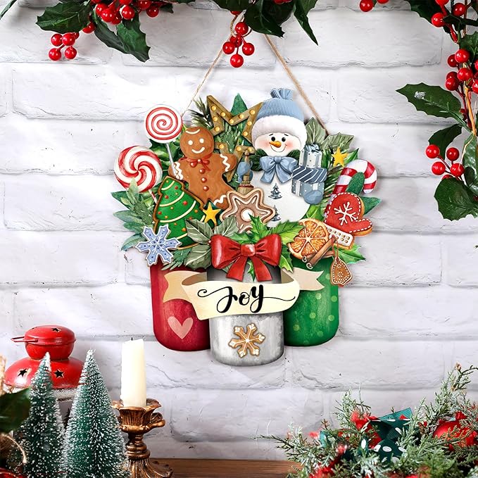 Boao Christmas Door Sign Decor Snowman Door Hanger Wreath Decoration Winter Wood Sign for Xmas Winter Holidays Front Porch Home Kitchen Wall Decor