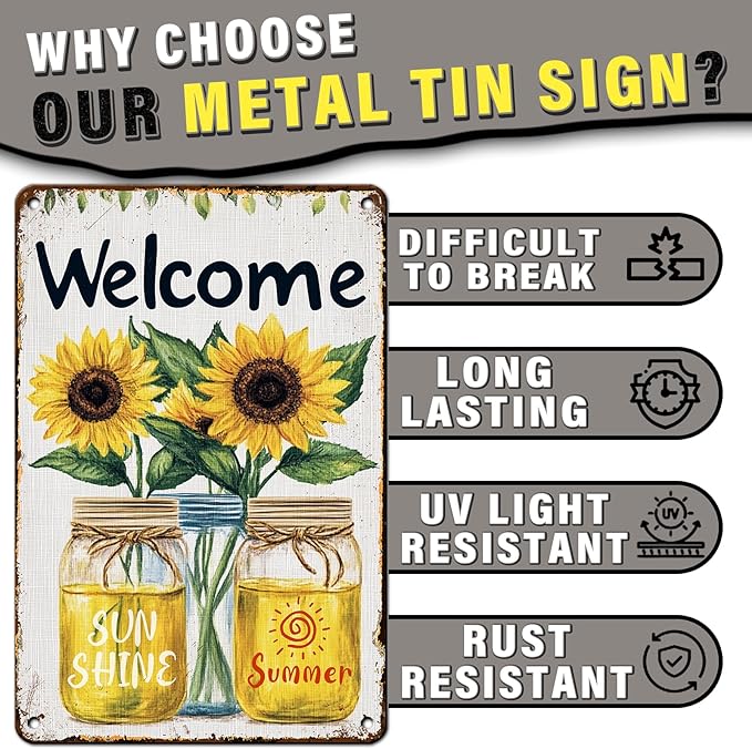 Summer Welcome Sign Wall Art Decor Welcome Floral Ornaments Iron Plaque Sign for Club Bar Garage Wall Decor 8x12inch