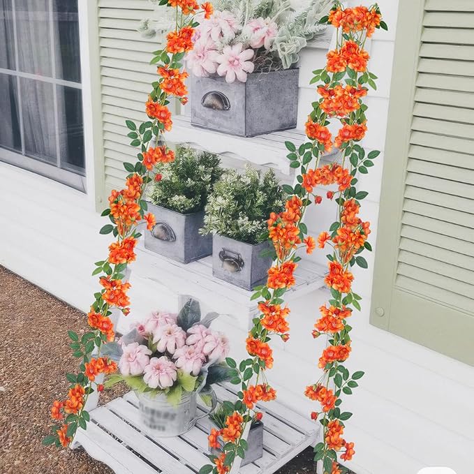 2 Pcs Artificial Flowers Garland for Outdoors Orange Faux Gardenia Garland 12Ft Silk Rose Hanging Vines Floral for Wedding Arch Party Wall Garden Ceremony Backdrop Fence Spring Decor