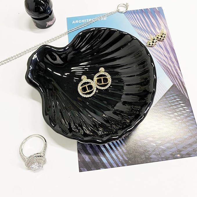 Shell Shape Ring Holder Dish, Seashell Jewelry Dish Tray, Ceramic Trinket Tray for Rings Earrings Necklaces Bracelet, Birthday Mother's Day Christmas Gift for Mom Friend Sister, 3.9", Black