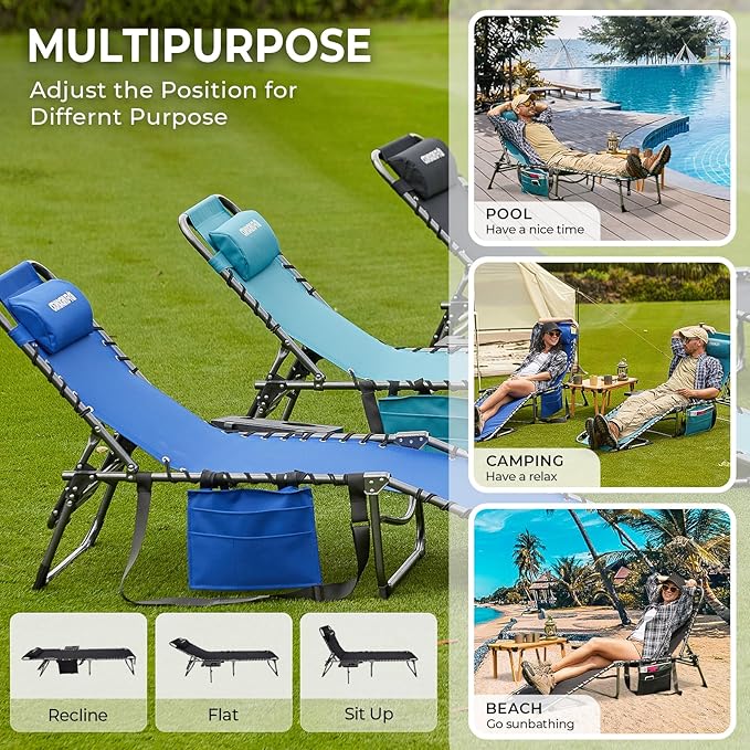 FUNDANGO Chaise Lounge Chair Outdoor, 5-Position Folding Tanning Chair with Detachable Side Table & Pillow, 180° Lay Flat Portable Beach, Heavy Duty U-Frame for Patio, Pool, Lawn, 265lbs（Black 2 pack）