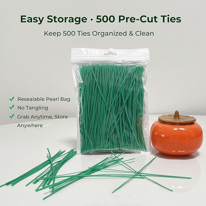 Green 6" Twist Ties (500 Pack) - Pre-Cut Garden Plant Ties in Self-Sealing Bag, Sturdy PET & 0.45mm Iron Core, Heavy Duty Reusable Ties for Tomato, Monstera, Vines and Cords