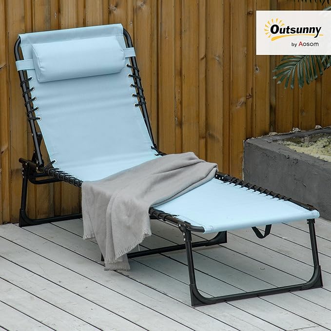 Outsunny Folding Chaise Lounge Chair, Patio Sun Tanning Chair, Outdoor Chaise Lounger with 4-Position Reclining Back, Breathable Mesh Seat for Beach, Poolside, Yard, Baby Blue