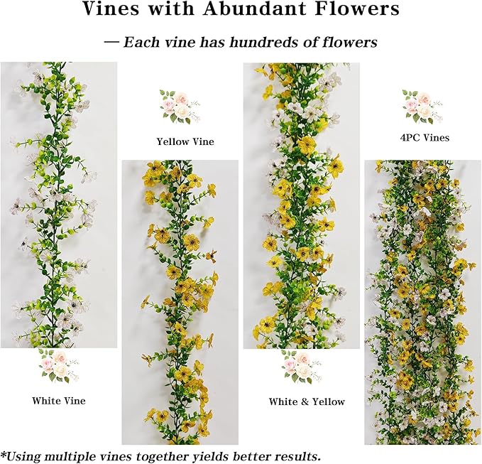 4 Pcs Faux Flowers Garland Plant, Artificial Vines Hanging Flowers Leaves Greenery Garland for Wedding Backdrop Arch Wall Decor, 6 Feet/pcs UV Resistant Indoor Outdoor