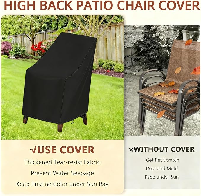 High Back Patio Chair Cover,Waterproof Covers for Stackable Dining Chairs,Outdoor Patio Furniture Seating Set Shield (25.6" L x 29.5" W x 47"H,2-Pcs)