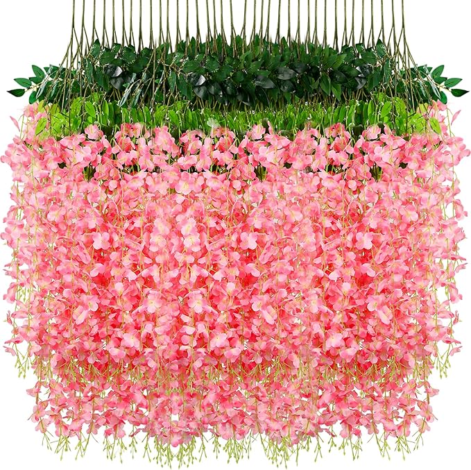 Wisteria Hanging Flowers,Fake Hanging Flowers,Wisteria artificiales Garland for Home Wedding Arch Floral Party Garden Ceremony Outdoor Decor,3.6 feet Long(12,Pink)