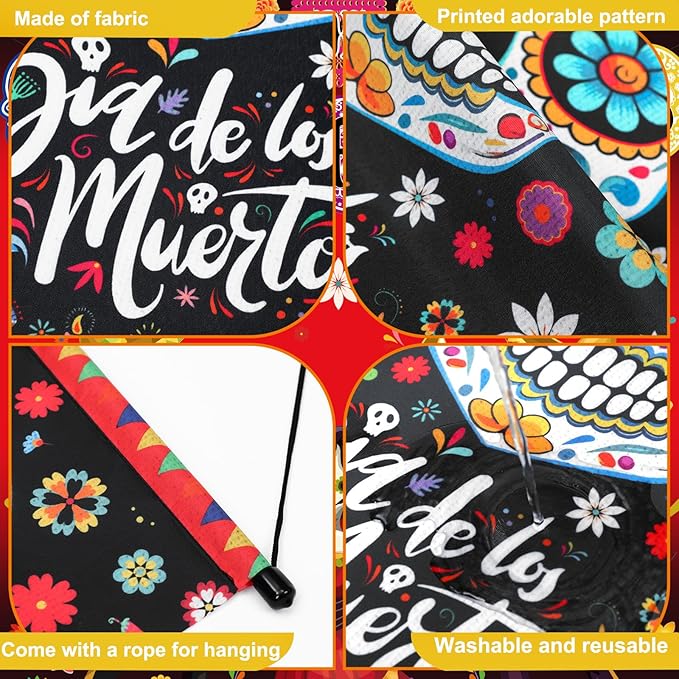 Tegeme 3 Pcs Day of The Dead Door Sign Flag Dia De Los Muertos Front Door Decoration Halloween Hanging Decor Banner Wall Flag Ornaments for Party Supplies Home Outdoor Indoor