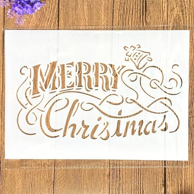 TIAMECH A4 Reusable Merry Christmas Stencil for Painting - Winter Holiday Words & Jingle Bell Layering Template, DIY Wall Art, Wood Furniture, Scrapbook & Crafts (8.3x11.7inch)