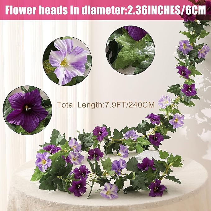Floweroyal 2 Pack Artificial Flower Garlands 15.8FT Fake Morning Glory Vines Silk Flowers Hanging Garland Ivy for Wedding Arch Party Home Garden Wall Decor (Purple)