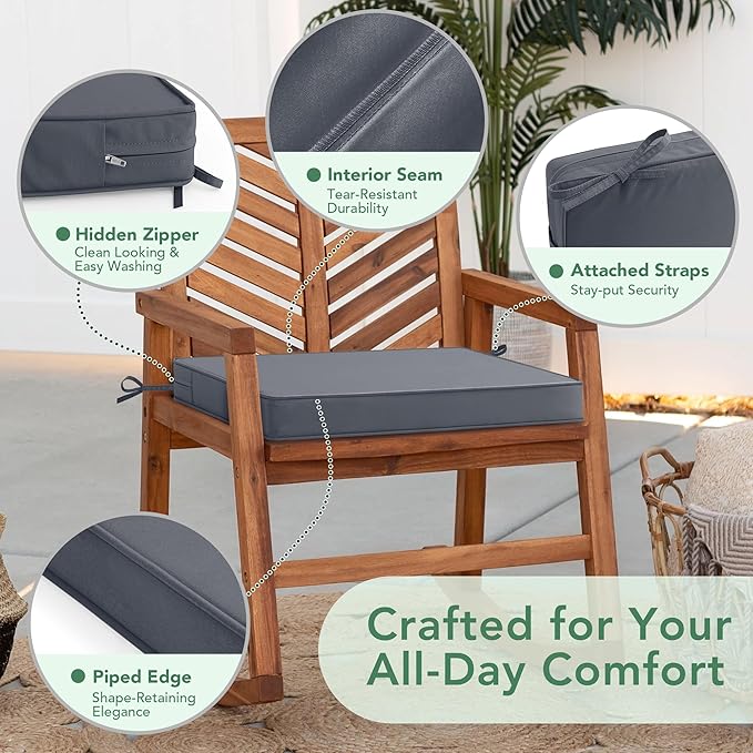 Outdoor Chair Cushions Set of 4: Waterproof & Fade Resistant Deep Seat Cushion for Patio Furniture - 24 x 24 Inch Chair Pads with Ties and Hidden Zipper - Patio Chair Cushion Replacement, Dark Grey