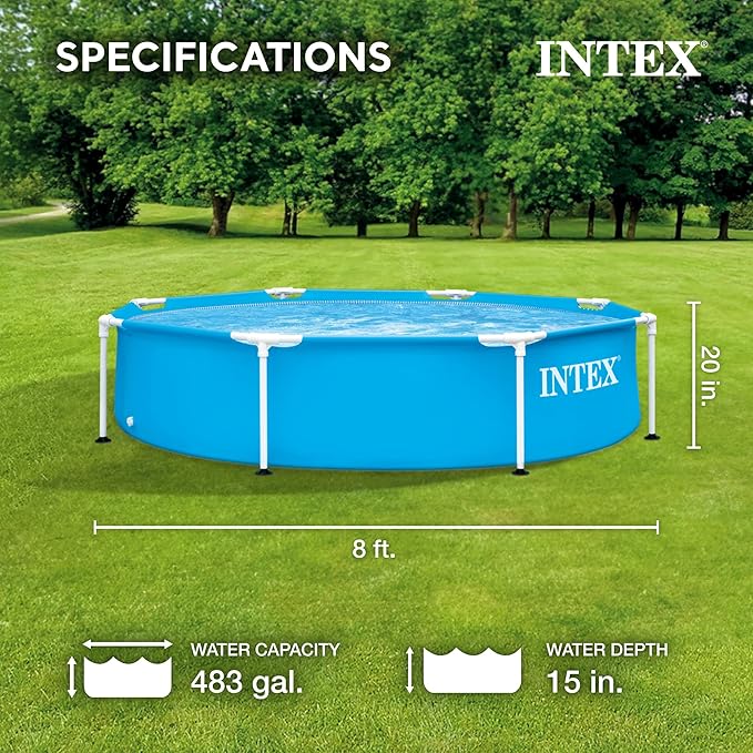 INTEX 28205EH Metal Frame Above Ground Swimming Pool: 8ft x 20in – Puncture-Resistant Material – Easy Assemble – Rust Resistant – 483 Gallon Capacity